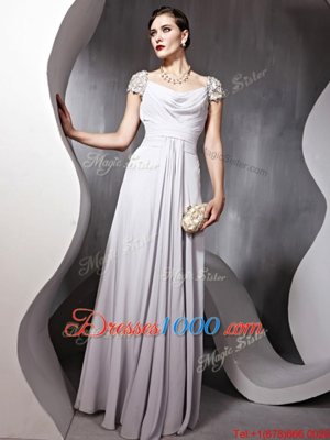 Glorious Silver Column/Sheath Square Cap Sleeves Chiffon Floor Length Zipper Beading and Ruching Prom Dress