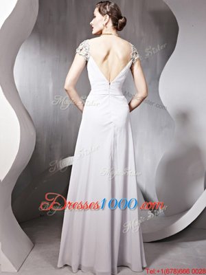 Glorious Silver Column/Sheath Square Cap Sleeves Chiffon Floor Length Zipper Beading and Ruching Prom Dress