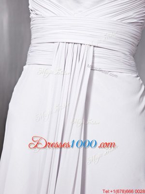 Glorious Silver Column/Sheath Square Cap Sleeves Chiffon Floor Length Zipper Beading and Ruching Prom Dress