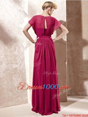 Glamorous Scoop Fuchsia Chiffon Zipper Homecoming Dress Cap Sleeves Floor Length Beading