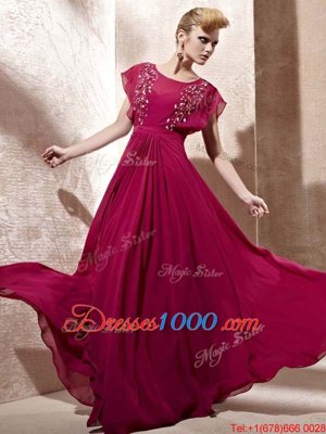 Glamorous Scoop Fuchsia Chiffon Zipper Homecoming Dress Cap Sleeves Floor Length Beading