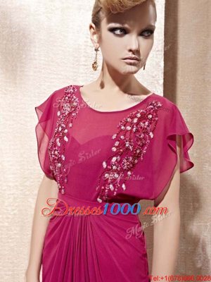 Glamorous Scoop Fuchsia Chiffon Zipper Homecoming Dress Cap Sleeves Floor Length Beading