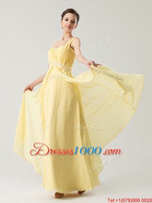 Fancy Light Yellow Chiffon Zipper One Shoulder Sleeveless Ankle Length Homecoming Dress Beading and Ruching