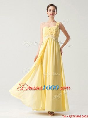 Fancy Light Yellow Chiffon Zipper One Shoulder Sleeveless Ankle Length Homecoming Dress Beading and Ruching