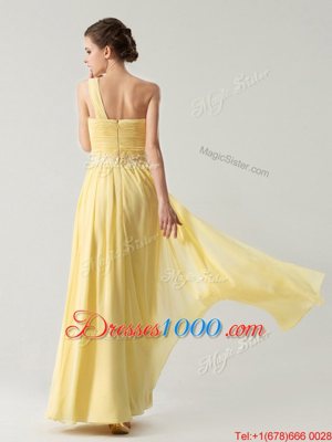 Fancy Light Yellow Chiffon Zipper One Shoulder Sleeveless Ankle Length Homecoming Dress Beading and Ruching