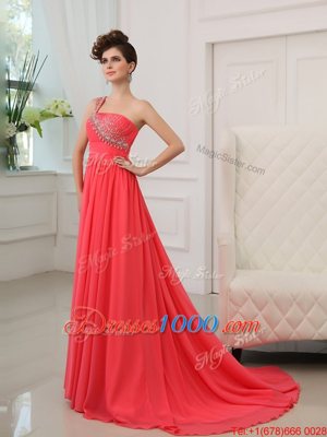 Eye-catching One Shoulder Chiffon Sleeveless With Train Prom Party Dress Brush Train and Beading