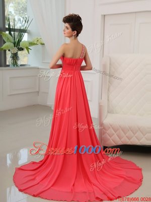 Eye-catching One Shoulder Chiffon Sleeveless With Train Prom Party Dress Brush Train and Beading