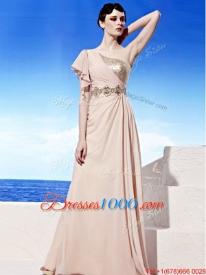 One Shoulder Sequins Floor Length Empire Sleeveless Peach Homecoming Party Dress Side Zipper