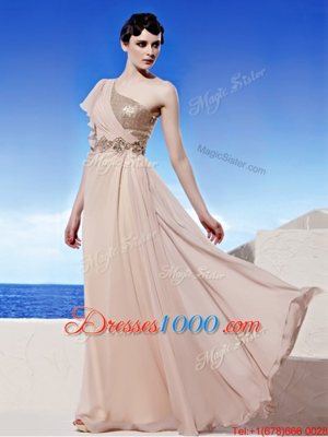 One Shoulder Sequins Floor Length Empire Sleeveless Peach Homecoming Party Dress Side Zipper