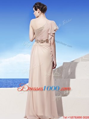 One Shoulder Sequins Floor Length Empire Sleeveless Peach Homecoming Party Dress Side Zipper