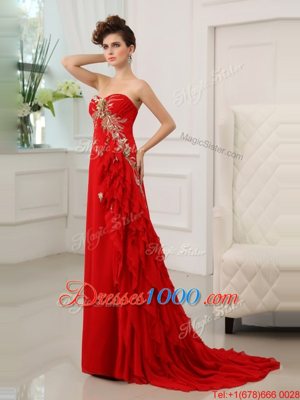 Nice Sleeveless With Train Beading and Appliques and Ruffled Layers Zipper Prom Party Dress with Red Brush Train