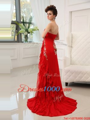 Nice Sleeveless With Train Beading and Appliques and Ruffled Layers Zipper Prom Party Dress with Red Brush Train