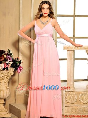 Deluxe Floor Length Baby Pink Prom Dresses Spaghetti Straps Sleeveless Lace Up