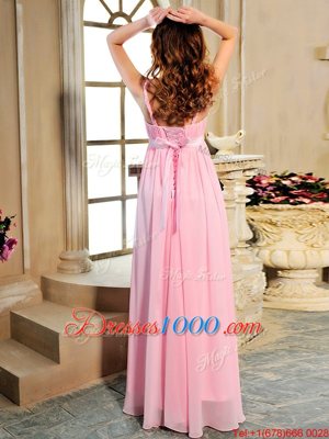 Deluxe Floor Length Baby Pink Prom Dresses Spaghetti Straps Sleeveless Lace Up