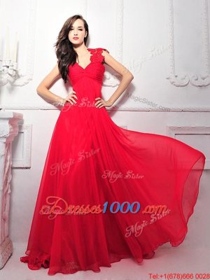 Inexpensive Floor Length Coral Red V-neck Sleeveless Zipper