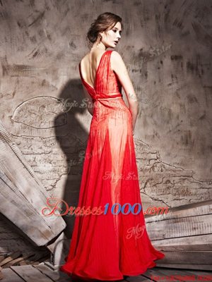 Red Zipper Beading Sleeveless Floor Length