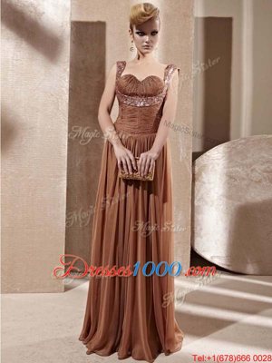 Charming Brown Chiffon Zipper Sweetheart Sleeveless Floor Length Prom Party Dress Beading