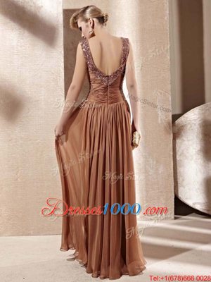 Charming Brown Chiffon Zipper Sweetheart Sleeveless Floor Length Prom Party Dress Beading