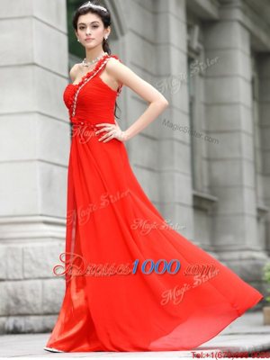 One Shoulder Sleeveless Zipper Floor Length Beading and Hand Made Flower Prom Evening Gown