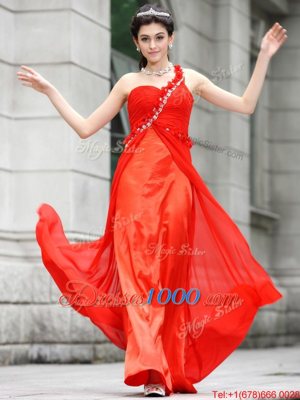 One Shoulder Sleeveless Zipper Floor Length Beading and Hand Made Flower Prom Evening Gown