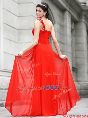 One Shoulder Sleeveless Zipper Floor Length Beading and Hand Made Flower Prom Evening Gown