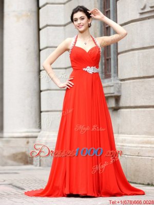 Sleeveless Chiffon Brush Train Zipper Dress for Prom in Coral Red for with Beading