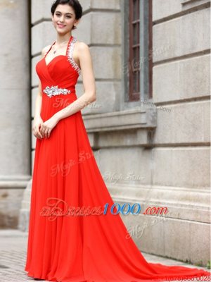 Sleeveless Chiffon Brush Train Zipper Dress for Prom in Coral Red for with Beading