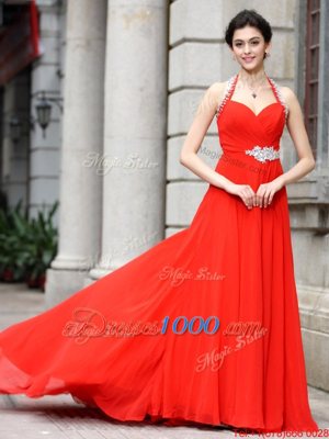 Sleeveless Chiffon Brush Train Zipper Dress for Prom in Coral Red for with Beading
