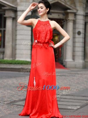 Scoop Sleeveless Silk Like Satin Prom Evening Gown Beading and Appliques Zipper