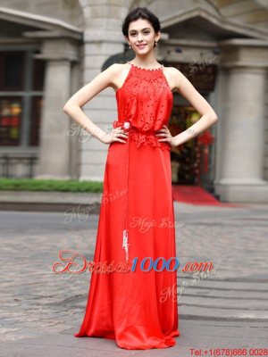 Scoop Sleeveless Silk Like Satin Prom Evening Gown Beading and Appliques Zipper