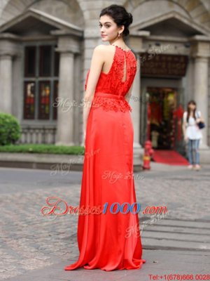 Scoop Sleeveless Silk Like Satin Prom Evening Gown Beading and Appliques Zipper