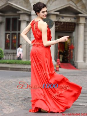 Scoop Sleeveless Silk Like Satin Prom Evening Gown Beading and Appliques Zipper