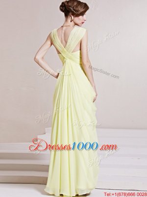 New Arrival Floor Length Light Yellow Chiffon Sleeveless Ruching