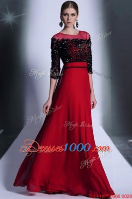Red And Black Chiffon Clasp Handle Scoop 3|4 Length Sleeve Floor Length Evening Dress Beading and Appliques