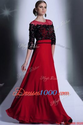 Red And Black Chiffon Clasp Handle Scoop 3|4 Length Sleeve Floor Length Evening Dress Beading and Appliques