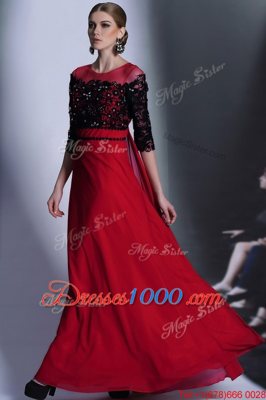 Red And Black Chiffon Clasp Handle Scoop 3|4 Length Sleeve Floor Length Evening Dress Beading and Appliques