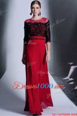 Red And Black Chiffon Clasp Handle Scoop 3|4 Length Sleeve Floor Length Evening Dress Beading and Appliques