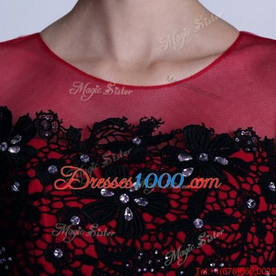 Red And Black Chiffon Clasp Handle Scoop 3|4 Length Sleeve Floor Length Evening Dress Beading and Appliques