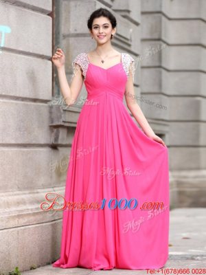 Custom Fit Hot Pink Cap Sleeves Floor Length Beading Zipper Prom Gown