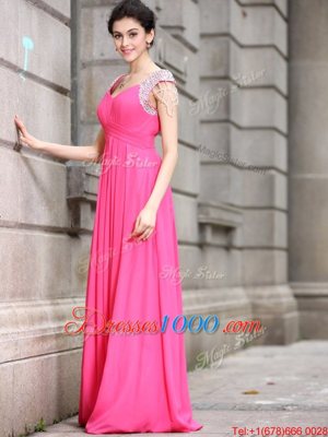 Custom Fit Hot Pink Cap Sleeves Floor Length Beading Zipper Prom Gown