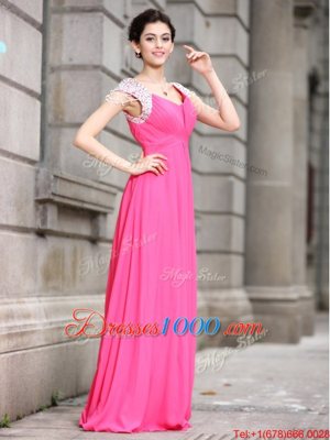 Custom Fit Hot Pink Cap Sleeves Floor Length Beading Zipper Prom Gown