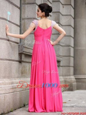 Custom Fit Hot Pink Cap Sleeves Floor Length Beading Zipper Prom Gown