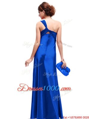 One Shoulder Royal Blue Column/Sheath Ruching Hoco Dress Criss Cross Satin Sleeveless Floor Length