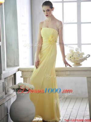 Strapless Sleeveless Lace Up Prom Dresses Light Yellow Chiffon
