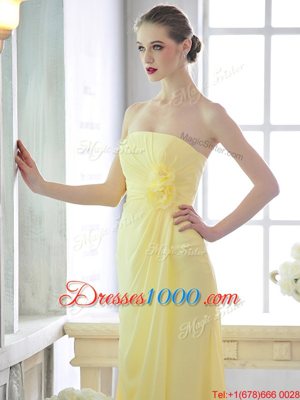 Strapless Sleeveless Lace Up Prom Dresses Light Yellow Chiffon