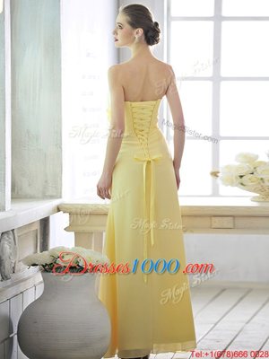 Strapless Sleeveless Lace Up Prom Dresses Light Yellow Chiffon