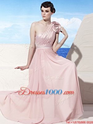 Luxurious One Shoulder Chiffon Sleeveless Floor Length Prom Evening Gown and Ruching and Hand Made Flower