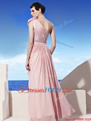 Luxurious One Shoulder Chiffon Sleeveless Floor Length Prom Evening Gown and Ruching and Hand Made Flower