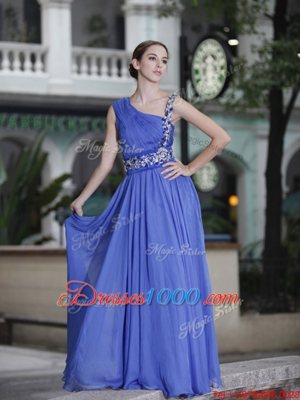 One Shoulder Blue Column/Sheath Hand Made Flower Side Zipper Chiffon Sleeveless Floor Length