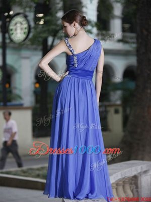 One Shoulder Blue Column/Sheath Hand Made Flower Side Zipper Chiffon Sleeveless Floor Length